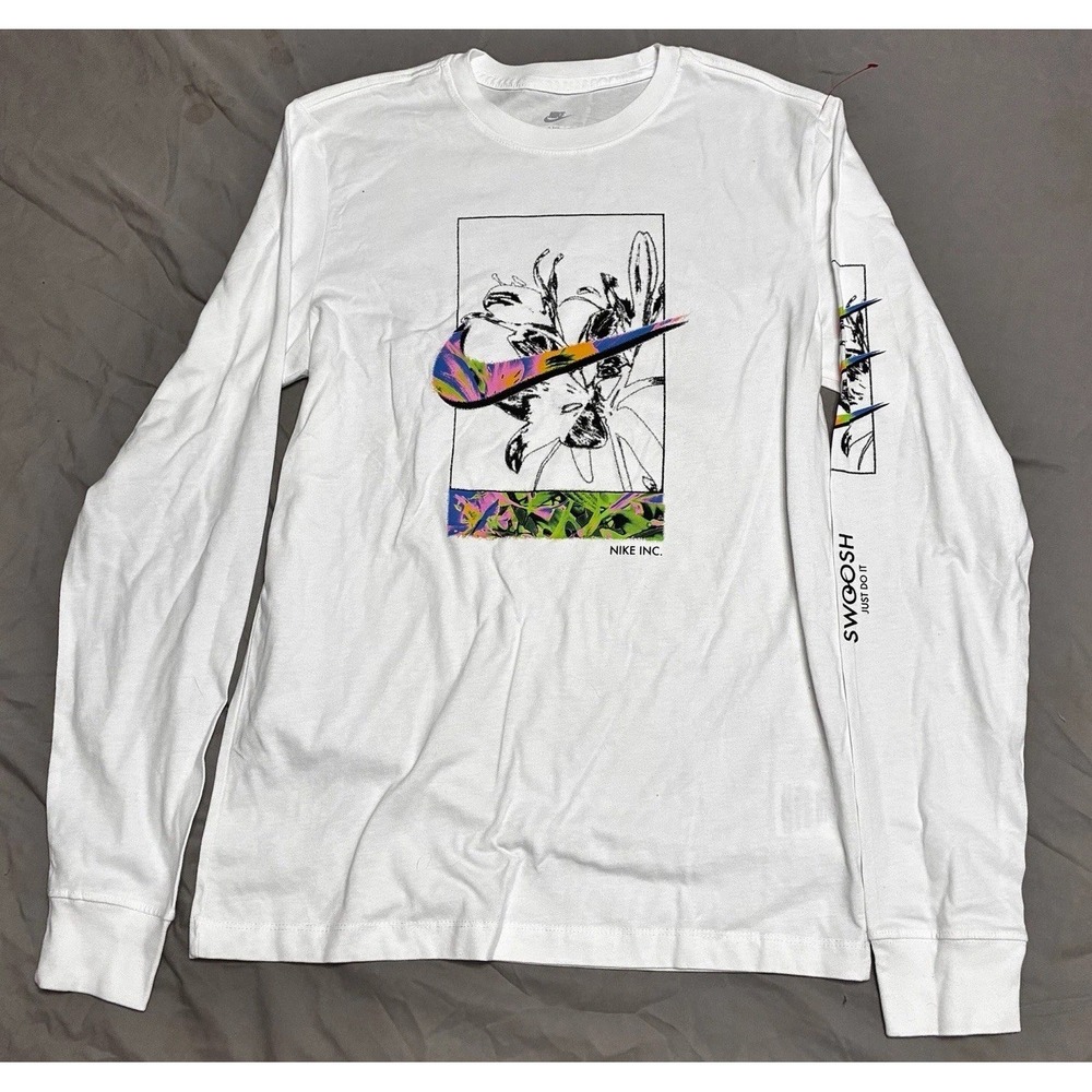 Nike Sportswear Swoosh Long Sleeve Graphic Tee White Artistic Colorful Mens S